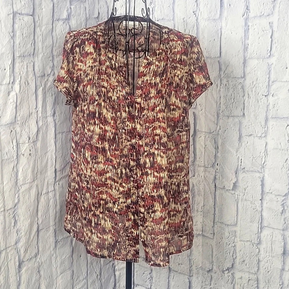 LIZ CLAIBORNE Button Up Abstract‎ Semi Sheer Women's Short Sleeve Blouse Medium - Picture 1 of 8